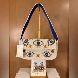 Rebecca & Beyond Beaded Eye Shoulder Bag - Cream and Blue
